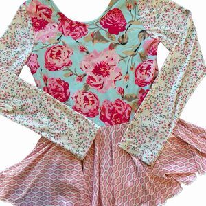 Cheeky Plum Farrah Leotard Long Sleeve 10Y Pink Teal Floral Animal Print